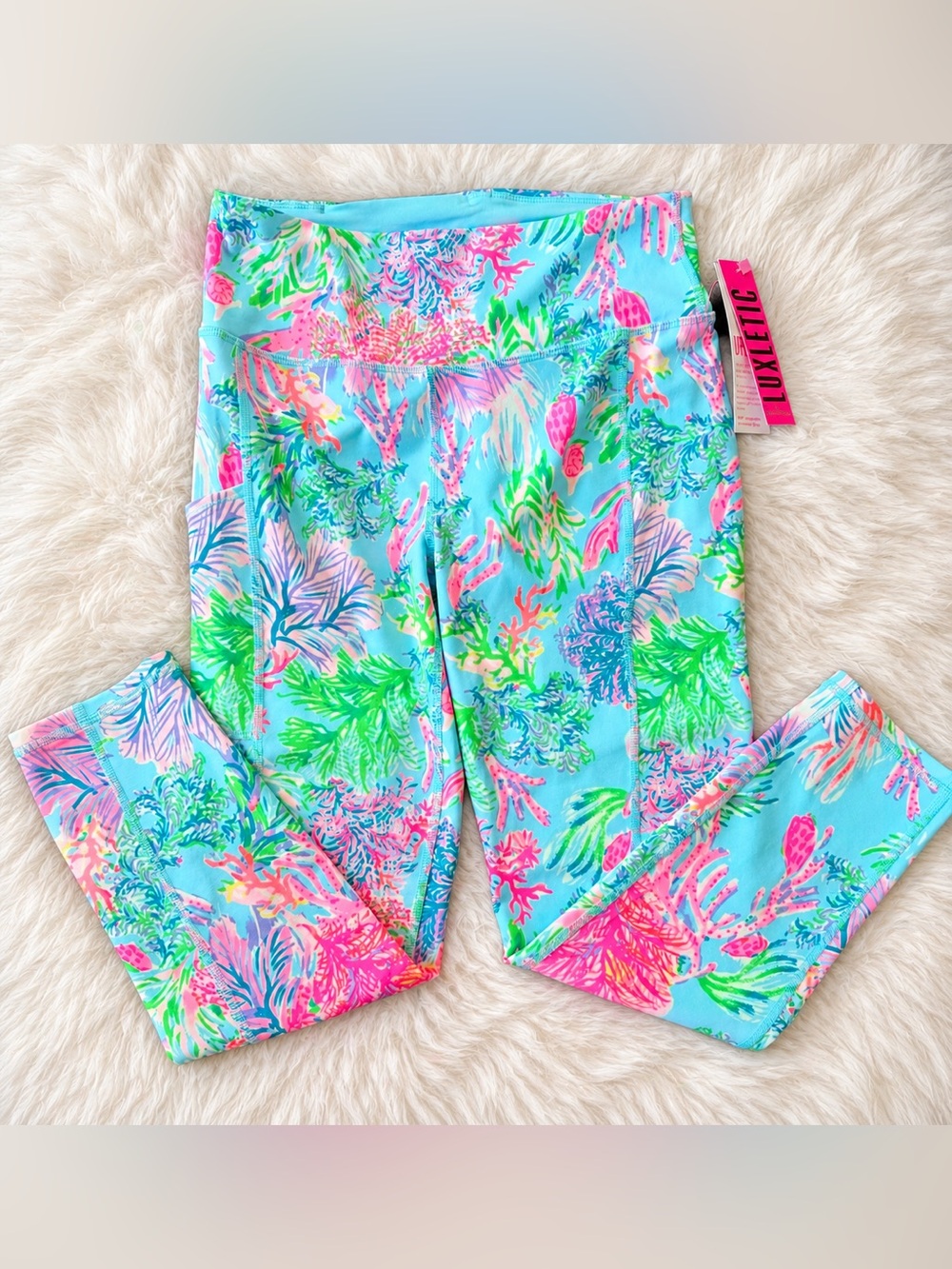NWT Lilly Pulitzer Turquoise Floral & Neon Print Women’s Leggings Sz M